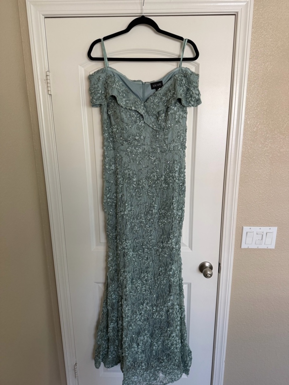 Xscape Sage Green Off-The-Shoulder Lace Gown
